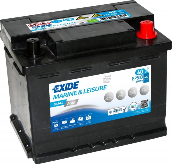 Exide Dual EP500 AGM starter, supply battery 12V 60ah 680CCA